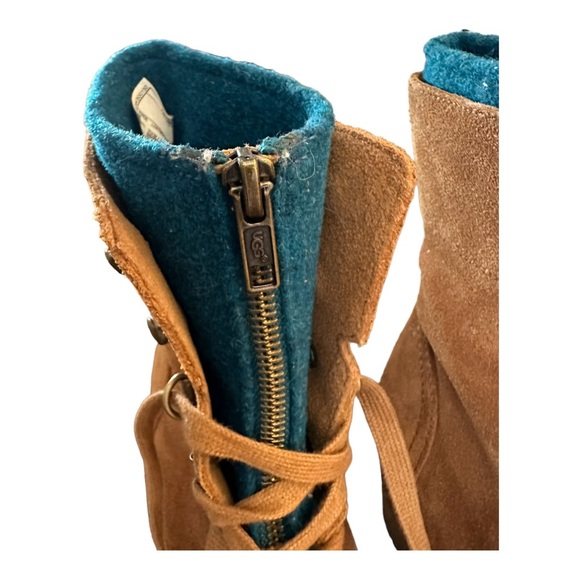 UGG suede camel brown lace up zipper heeled winter boots - Picture 11 of 14
